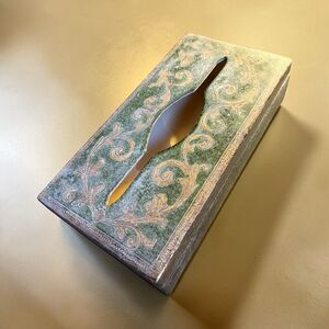 Italian Florentine Wood Gold Green Tissue Box Cover Holder VTG Hollywood Regency